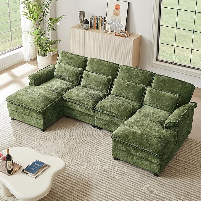 113 U Shaped Sectional Sofa Comfy Cloud Couch Chenille Sofa Sleeper Deep Seat Sofa with 4 Throw Pillows 4-Seater Double-Layer Modern Sofa for Living Room Green