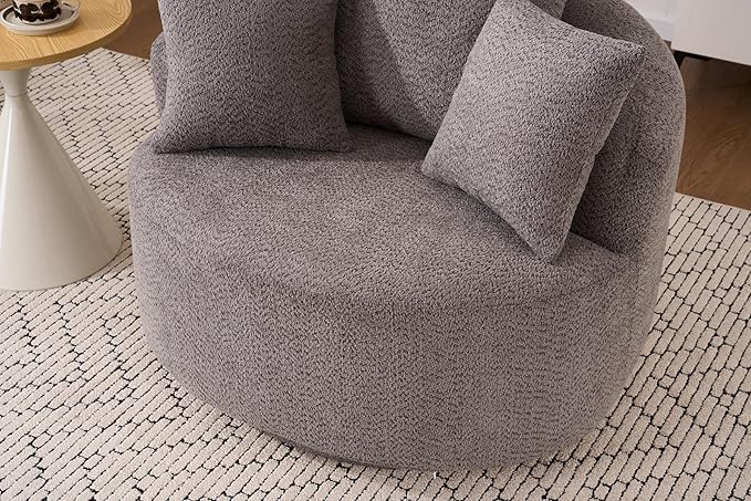 40” Grey Round Swivel Chair with 3 Pillows &amp Thick Cushion Oversized 360° Swivel Accent Chair Modern Boucle Armchair for Nursery Living Room Bedroom Club