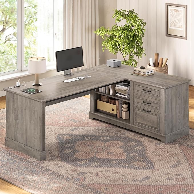 SEDETA Executive Desk 61 Farmhouse L Shaped Desk with File Drawers Office Desk with Drawers and Power Outlets Computer Desk with Storage Shelves for Home Office Grey