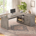 SEDETA Executive Desk 61 Farmhouse L Shaped Desk with File Drawers Office Desk with Drawers and Power Outlets Computer Desk with Storage Shelves for Home Office Grey