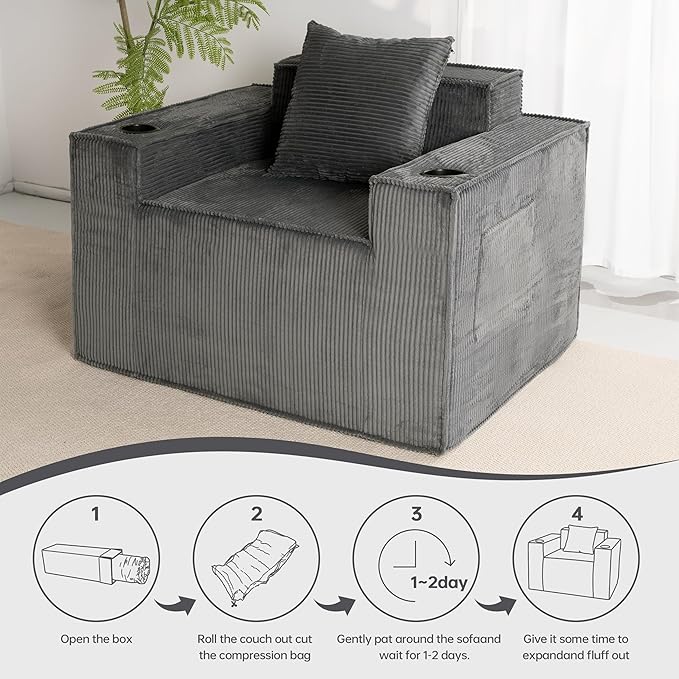 Cloud Single SofaChaise Lounge Chair with Cup Holder &amp Side PocketElevated Seat HeightNo Assembly RequiredBoneless Corduroy Chair for Small SpaceBedroomOffice (Grey Single Sofa)