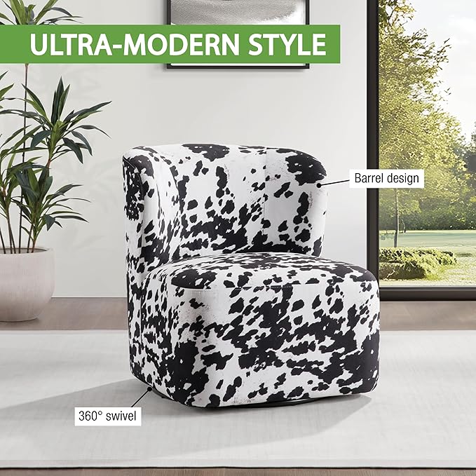 OSP Home Furnishings Lucia Modern Barrel Swivel Accent Chair Black Cow Print Fabric