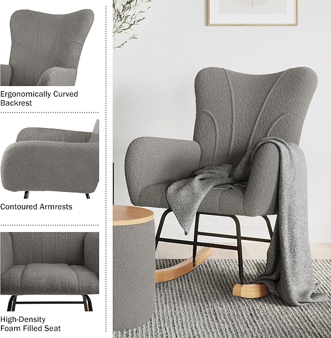 Rocking Chair - Teddy Fabric Upholstered Chair with Padded Seat and Contoured Armrests - Ergonomic Modern Rocker for Bedroom by Lavish Home (Gray)