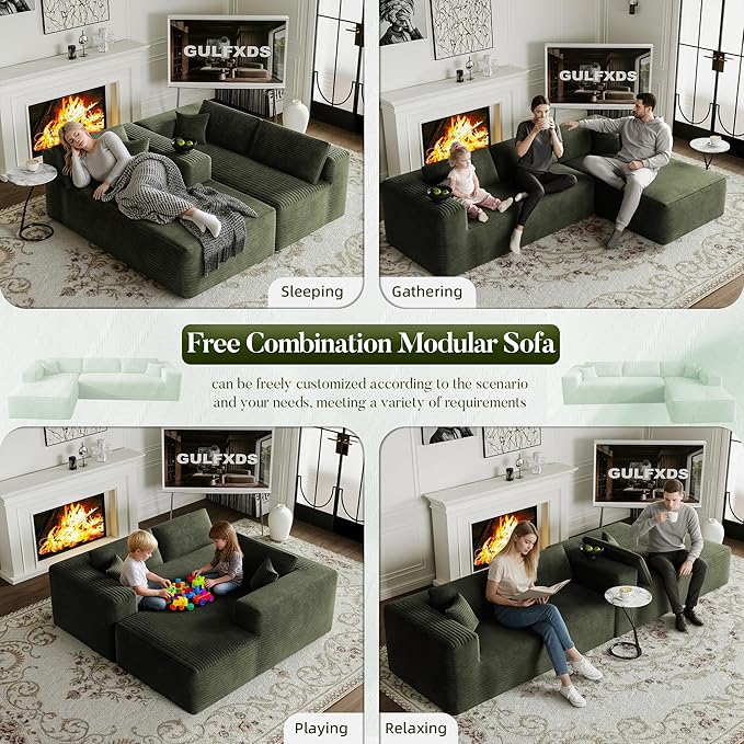 108 Cloud Sectional Couch with L-Shape ChaiseModern Corduroy Boneless Sofa with Deep SeatWide Armrest High Rebound Living Room Sectional CouchNo Assembly Required (Left ChaiseGreen)