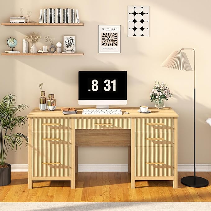 Modern Executive Desk with Drawers: 60 Oak Computer Desk with File Drawer Wood Writing Desk with Storage Fluted Home Office Desks for Living Room