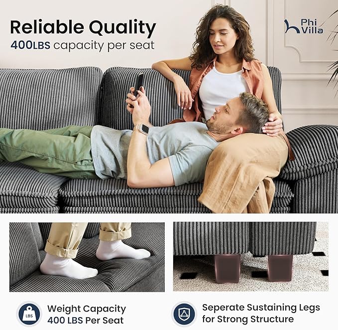 PHI VILLA Cloud Modular Couch Sets 157.5 Sectional Sofa with L-Shaped Chaise 5-Seater Upholstered Couches with Movable Ottoman for Living Room Corduroy Fabric Grey