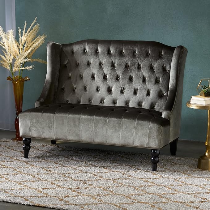 Modern Tufted Velvet Wingback Loveseat Tufted Velvet 2 Seat Couch Sofas with High Back Thick Padded Cushioned Seats for Living Room Victorian Style Grey