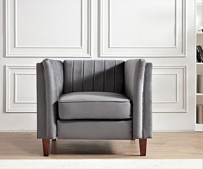 Container Furniture Modern Luxury Velvet Chair for Living Room with High Density Foam Soft Fabric Upholstery Removable Cushions and Solid Wood Legs 36.6'' Wide Armchair Grey