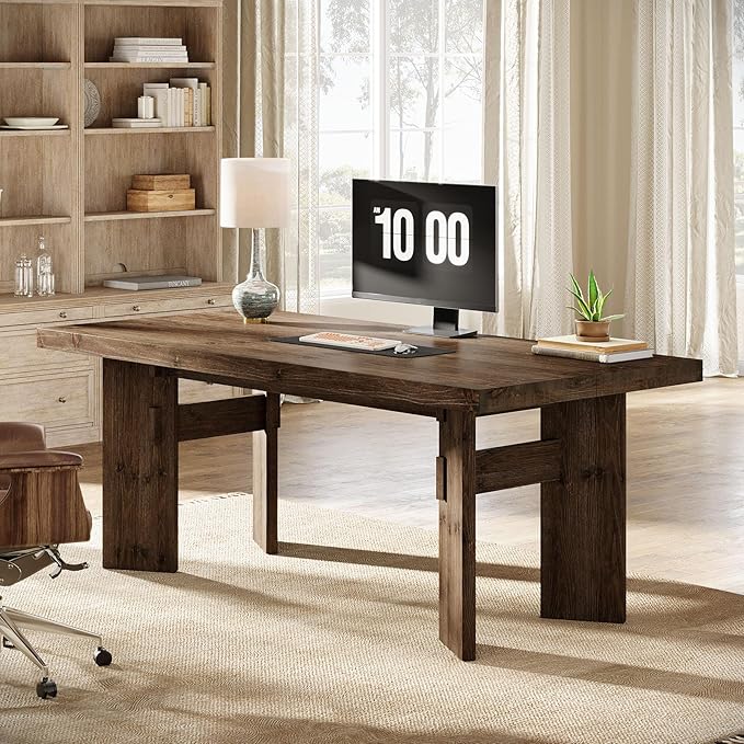 63-Inch Executive Desk Solid Wood Home Office Computer Desk with Heavy Duty Legs Modern Simple Study Writing Table for Office Conference Room Rustic Brown