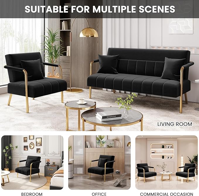 Yaheetech 30 W Modern Sofa Small Sofa Luxurious Velvet Fabric Couch with Gold-Tone Metal Arms and Legs for Living Room Home Office Studio Black