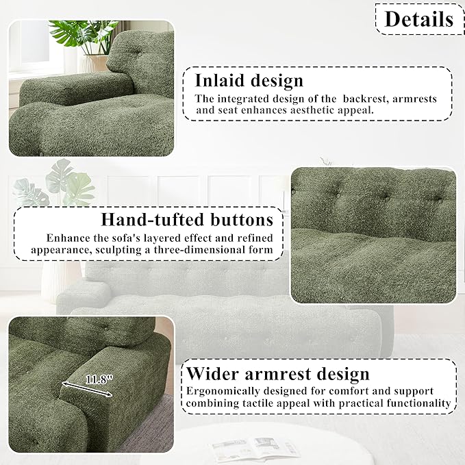 KEIKI 87.4 Cloud Couch Oversized 3 Seat Sofa with Button-Tufted Square Arm Deep Seat Chenille Seat for Living Room Guest Bedroom No Assembly Required Green