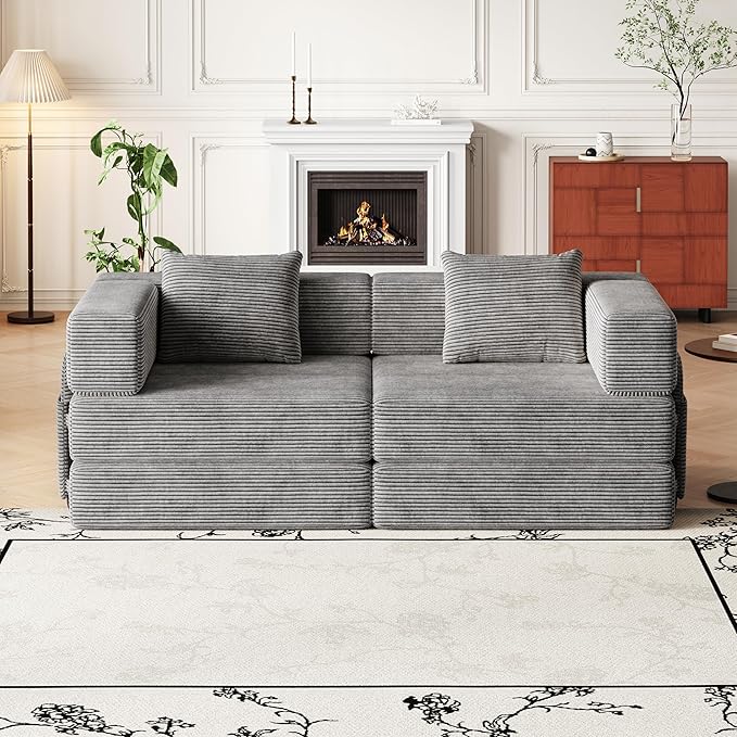 KEIKI 72.4'' Convertible Sofa Bed 2 Seat Corduroy Fabric Sofa with Two Side Storage Pockets and Two Cushions Comfortable Folding Sleeper Carpeted Couch for Living Room Bedroom and Study Grey