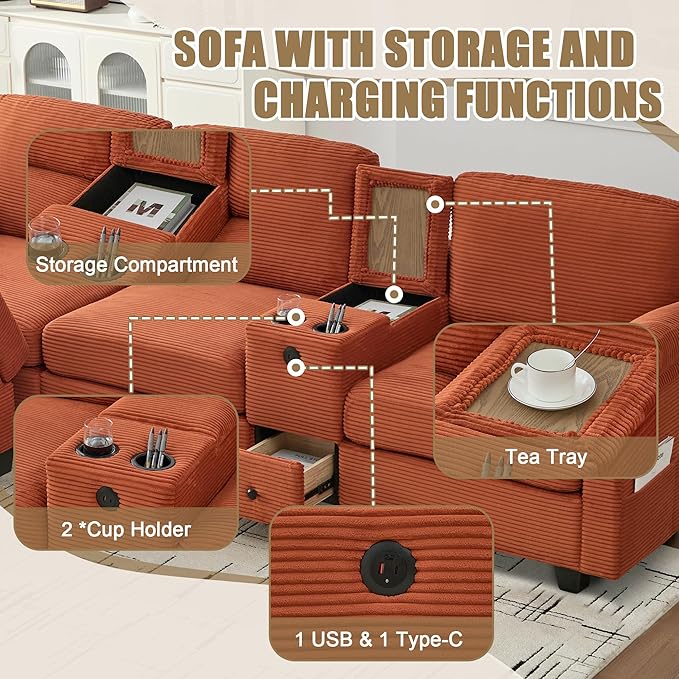 KEIKI 105 L-Shaped Oversized Corduroy Modular Sectional Sofa with 1 Ottoman and Multi Functional Console 4-Seater Upholstered Couch with USB and 2 Cup Holder Easy Assembly for Living Room Orange