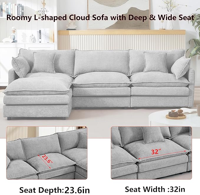 102 L-Shaped Sofa for Living RoomModular Sectional Cloud Sofa Couch with OttomanModern Chenille 3 Seater Sofas with Deep SeatSmall L Shaped Couches for Bedroom (Grey 102)
