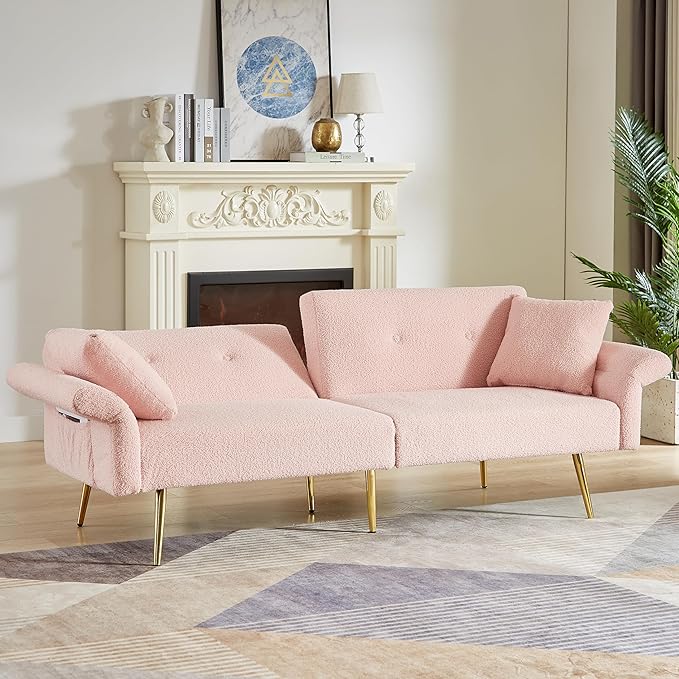 Pink Futon Sofa Bed Loveseat with Adjustable Backrest and Armrests Teddy Couch with Pillows and Side Pocket for Small Spaces Living Room Apartment Or Office (Pink)