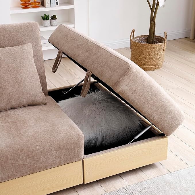 Convertible Sleeper Couch Multi-Functional Sofa Sleeper with Storage Ottoman and 2 Drawers Sectional Couch for Living Room Drop Down Table with 2 Cup Holders Storage Armrest Design (Light Brown)