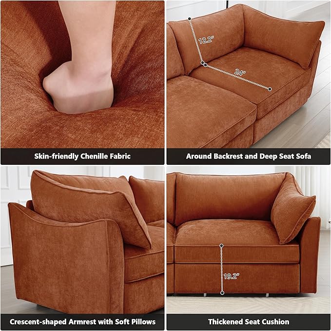 Modular Sectional Sofa with Pull Out Storage Drawers 78.7 Comfy Upholstered Chenille 2-Seat Sofa Oversized Deep Loveseat Couch 2 Armrest Pillows for Living Room Bedroom Apartment Orange