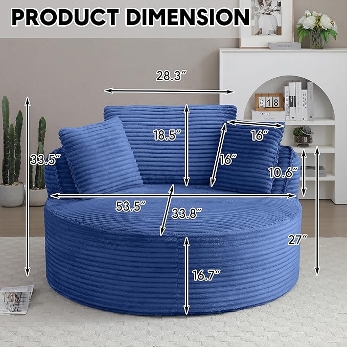 Oversized Round Chair Lounge Chaise Indoor 53.5 Corduroy Boneless Round Chair Fluffy Single Deep Seat Cloud Sofa Chairs Modern Circle Chaise Lounge for Bedroom Living Room Blue