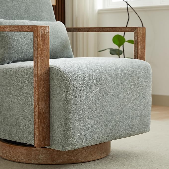 30.3 W Swivel Accent Chair with Solid Wood Armrests Modern Upholstered Armchair with Rubberwood Base 360 Degree Comfy Lounge Reading Chair for Living Room Bedroom or Office (Pale Green)