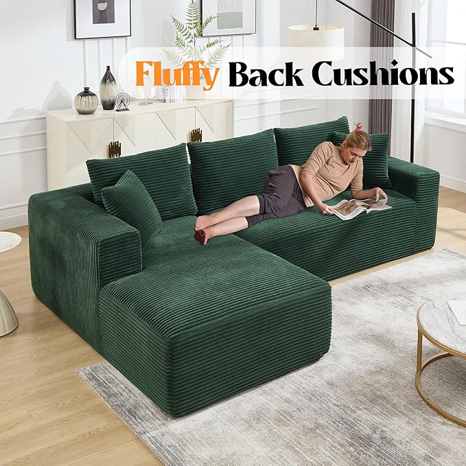 108.7'' Sectional CouchL Shaped CouchPlush Corduroy FabricUpholstered Couches for Living Room BedroomNo Assembly Required(Left Facing Chaise) Green