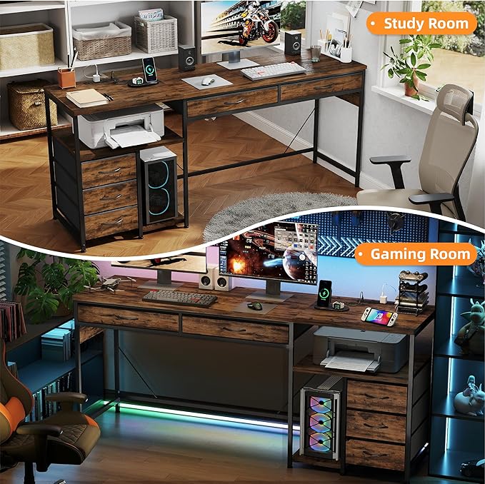 YOSHOOT 60 Computer Desk with 5 Fabric Drawers - Gaming Desk with Storage and Power Outlets Home Office Desk for Adults and Teenagers Working Writing Study Rustic Brown