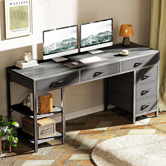 Huuger Computer Desk with 6 Drawers 47 Inch Office Desk with Shelves Reversible Gaming Desk Corner Desk with Storage Work for Home Office Study Living Room Gray
