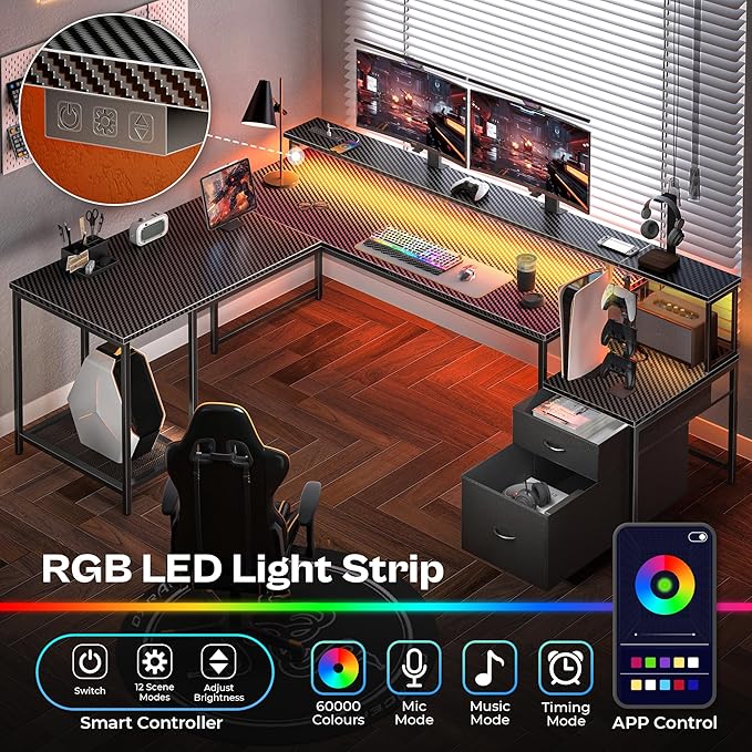 PRAISUN 66 L Shaped Gaming Desk with LED Lights &amp Power Outlets Computer Desk with Fabric Drawers and Print Stand Corner Office Desk Monitor Stand Mesh CPU Stand Carbon Fiber Black