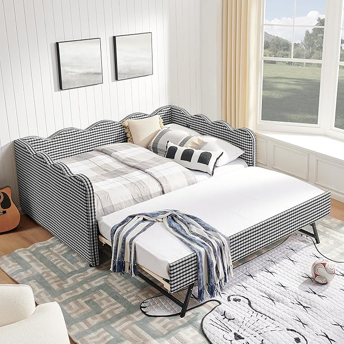 Cozy Gingham Daybed with Trundle Twin Size Sofa Bed No Box Spring Needed with USB Port and Adorable Wave Shaped Linen Fabric Navy (Full+Black)