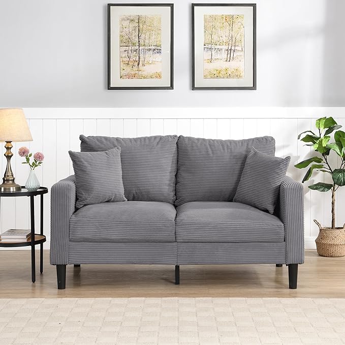 Corduroy Loveseat Sofa 2-Seater with Metal Legs Modern 57'' Compact Couch for Small SpacesMini Couches for Living Room/Apartment/Dorm/OfficeSettee (Corduroy Light Gray)