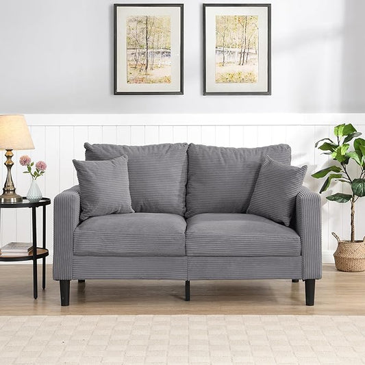 Corduroy Loveseat Sofa 2-Seater with Metal Legs Modern 57'' Compact Couch for Small SpacesMini Couches for Living Room/Apartment/Dorm/OfficeSettee (Corduroy Light Gray)