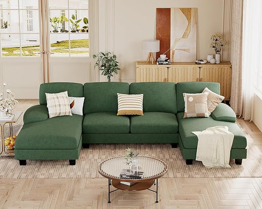 JUMMICO Sectional Couches for Living Room U Shaped Couch with Chenille Fabric 4 Seat Modern Sofa with Removable Pillows for Apartment and Small Space (Corduroy Light Green)