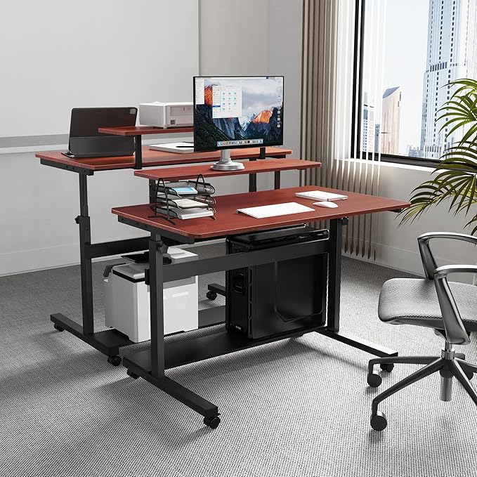 It's_Organized Height Adjustable Portable Computer Desk41''Rolling Laptop Desk Mobile Standing Desk with Monitor Shelf &amp HutchTeak
