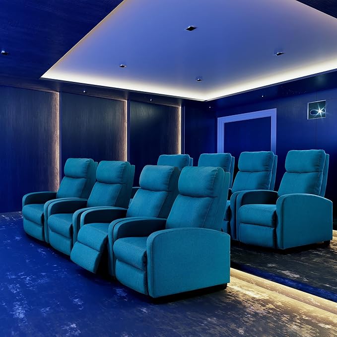 Yaheetech Home Theater Seating Fabric Recliner Chair Modern Single Living Room Reclining Sofa with Pocket Spring Blue