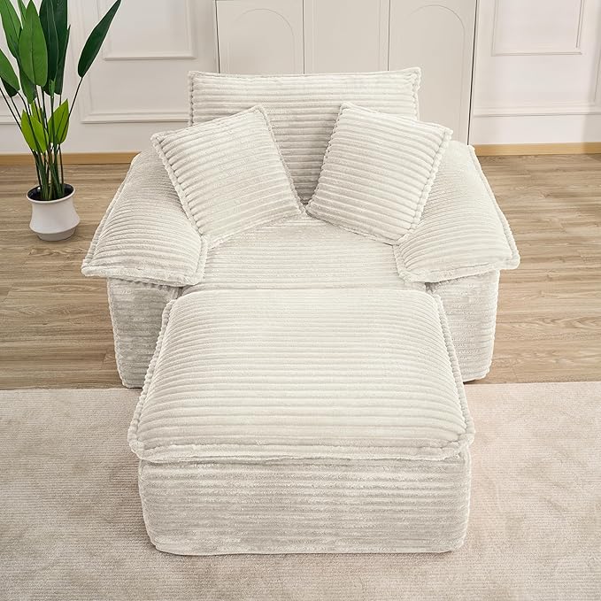 Oversized Sofa Chair with Movable 2-Layer Ottoman Corduroy Chaise Lounge Chair with Armrests Pillows Oversized Reading Accent Chairs Couch for Living Room Bedroom No Assembly (White)