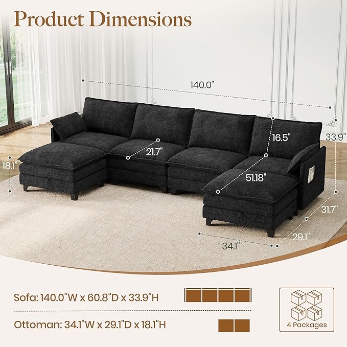 140 U-Shaped Modern Modular Sectional Sofa Chenille Cloud Couch with Storage Ottoman Deep Seat Couches with Side Pocket for Living Room Bedroom and Apartment Dark Grey