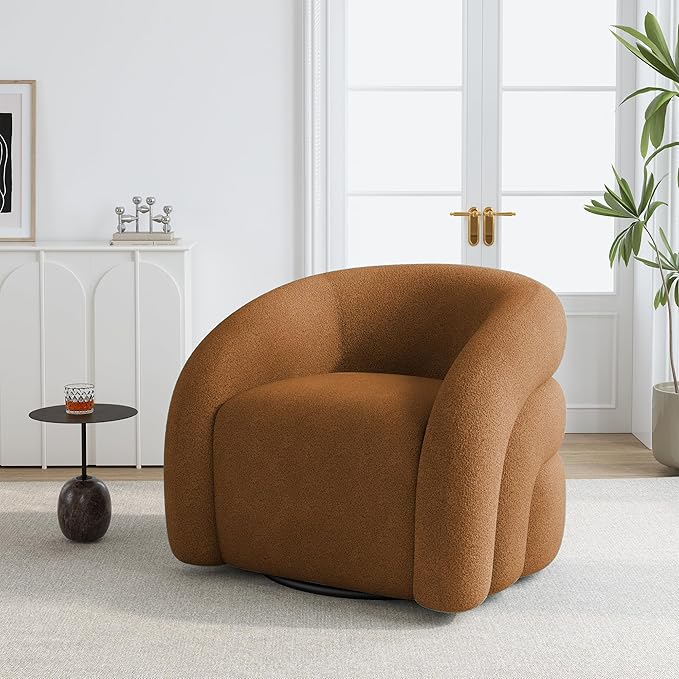 Boucle Swivel Accent Chair No Assembly Small Comfy Round Barrel Armchair for Living Room Bedroom Reading Waiting Room (Orange Set of 1)