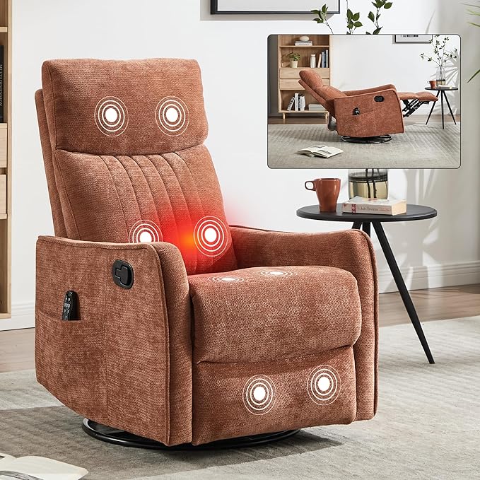 High Back Massage Recliner with Heat - Swivel Rocking Chair for Small Spaces Manual Lazy Boy Recliner for Adults Perfect for Living Room &amp Bedroom Soft Fabric (Orange)