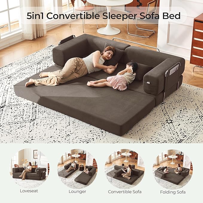 79 Convertible Sofa Bed with Pillows Corduroy Folding Sleeper Sofa with Fixed-Shape Frame Boneless Couch for Living Room Bedroom Floor Sofa Lounge No Assembly Required (Brown)