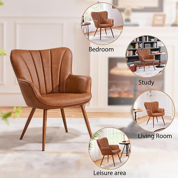 Topeakmart Faux Leather Accent Chair Modern Armchair with Sturdy Metal Legs for Living Room Bedroom Brown