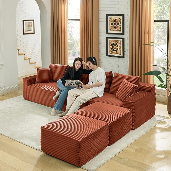 U-Shaped Cloud Sectional Couch Symmetrical Modular Compressed Boneless Sectional Sofa with Chaise Lounges Plush Corduroy Boneless Corner Sofa for Living Room