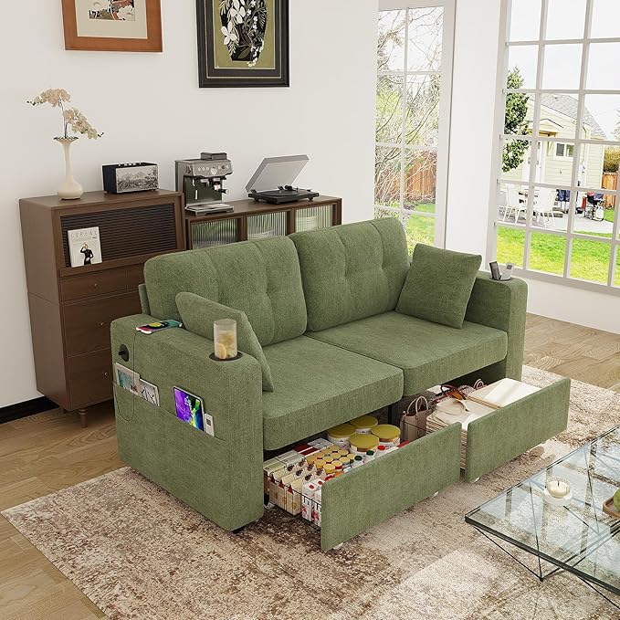 67 Small Loveseat Couch with Storage USB Charging and Cup Holder Space Saving Furniture Modern Chenille Love Seat Sofa Small Couches for Small Spaces Bedroom Apartment Olive Green