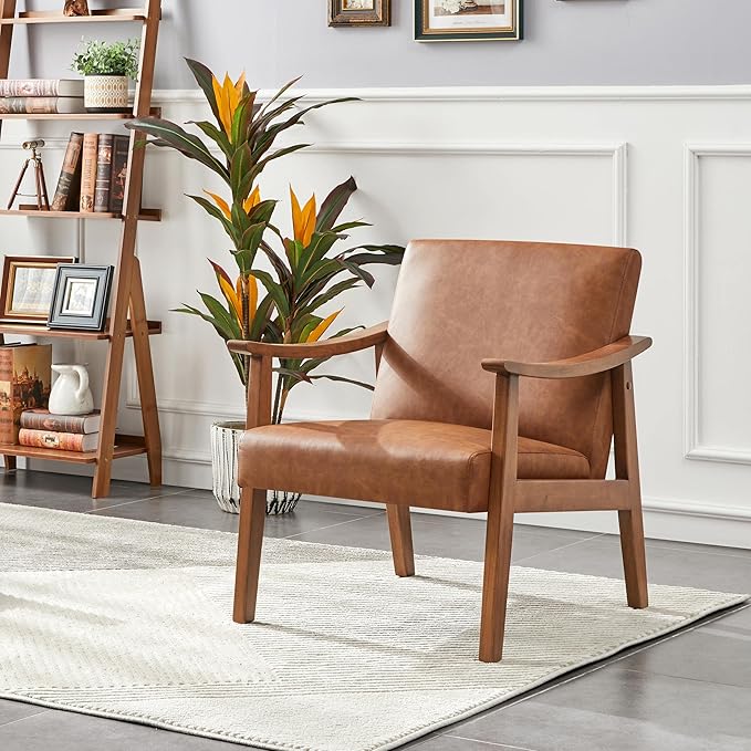Yaheetech PU Leather Accent Chair Mid-Century Modern Armchair with Solid Wood Legs Reading Leisure Chair for Living Room Bedroom Waiting Room Light Brown Set of 2