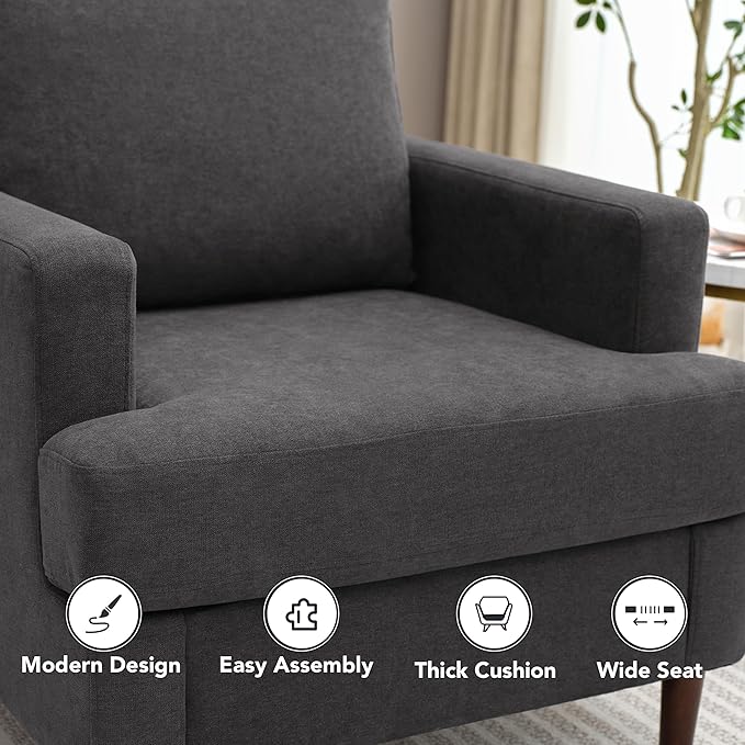 Mid-Century Accent ChairModern Linen Fabric Armchair for Living RoomComfy Upholstered Reading Accent Chairs for BedroomSingle Sofa Chair with Wood Legs (Dark Grey 1 Pack)