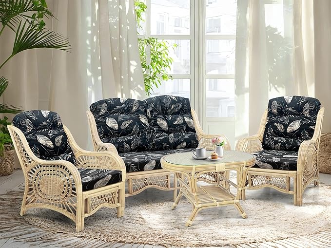 Malibu Lounge Loveseat Sofa Natural Rattan Wicker Handmade Design Natural Color with Black Leaf Cushions