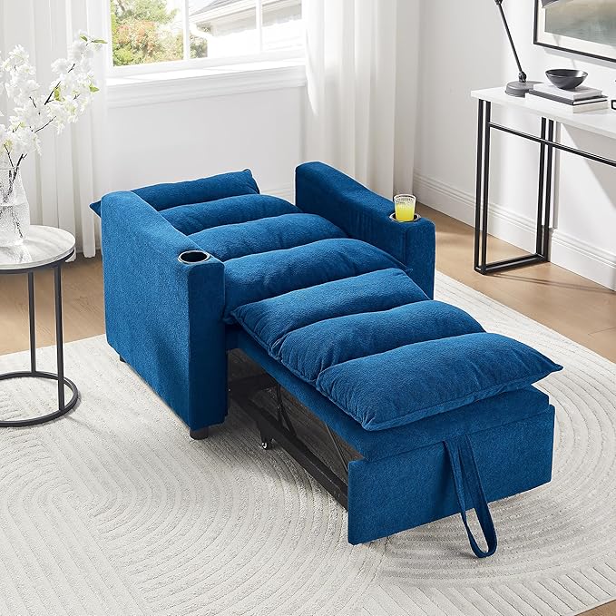 3-in-1 Convertible Sleeper Chair Bed Adjustable Pull-Out Sleeper Sofa Chair Modern Futon Sofa Bed Loveseat with Adjustable Backrest for Living Room Small Space (Blue 36 W)
