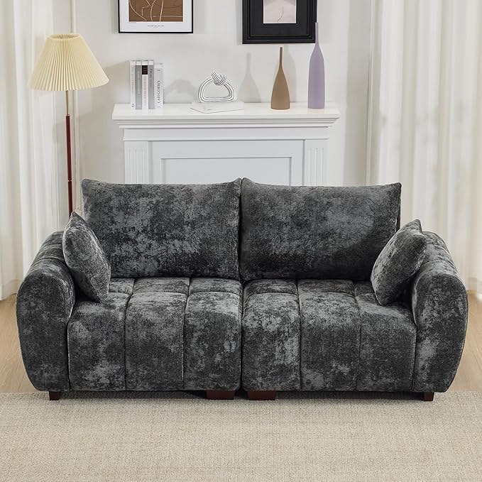 81.5 Chenille Love Seat Sofa 2 Seater Modular Sectional Couch with Deep Seat Solid Wood Legs Cloud Couch for Bedroom Living Room Mid Century Modern Loveseat Tufted Sofa Grey