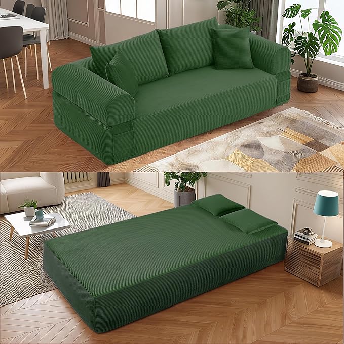 83 Modern Sofa in a Box No Assembly Oversized 3 Seater 28 Deep Seat Cloud Sofa Bed Couch with 4 Furry Pillows &amp Corduroy Fabric Boneless Couch with Side Storage Pockets for Living Room Green
