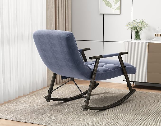 Folding Upholstered Rocking Chair Casual Lounge Chair with Adjustable High Back and Footrest Side Pockets Suitable for Living Room Bedroom or Balcony