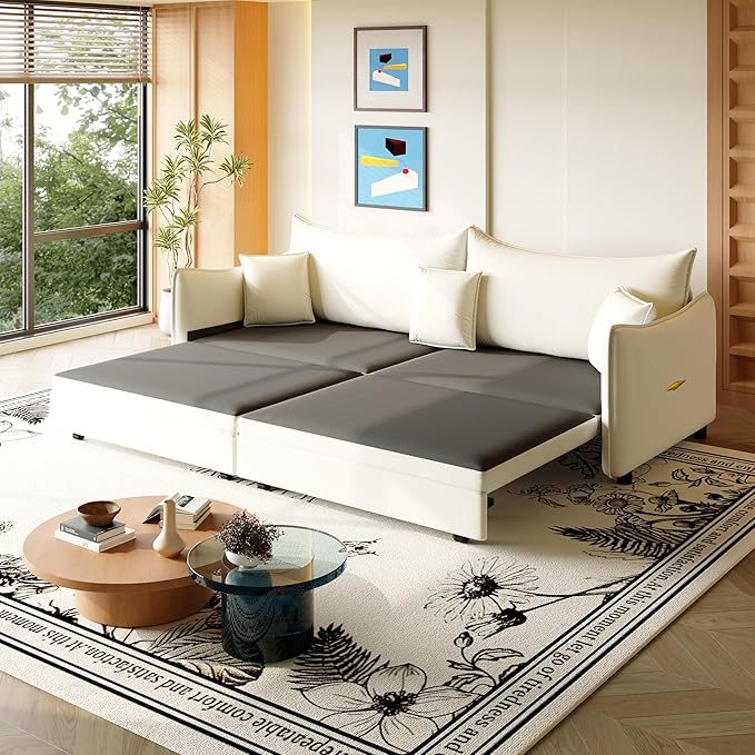 81.9 Sleeper Sofa Bed King Size 3-in-1 Convertible Couch Modern Pull Out Couches Comfy Velvet Futon Sofa Cloud Loveseat Lounge 3 Pillows for Small Spaces Living Room Gold Beige