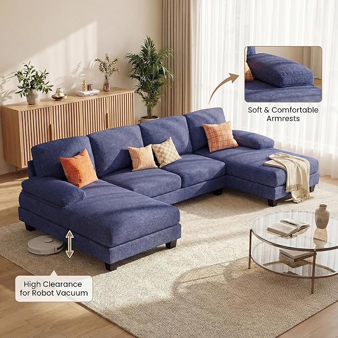 Homall Modular Sectional U Shaped Sofa Couches for Living Room Comfy Loop Yarn 4 Seat Sofa Set with Removable Pillows Lounge Chaise Upholstered Couch for Apartment (Loop Yarn Navy Blue)